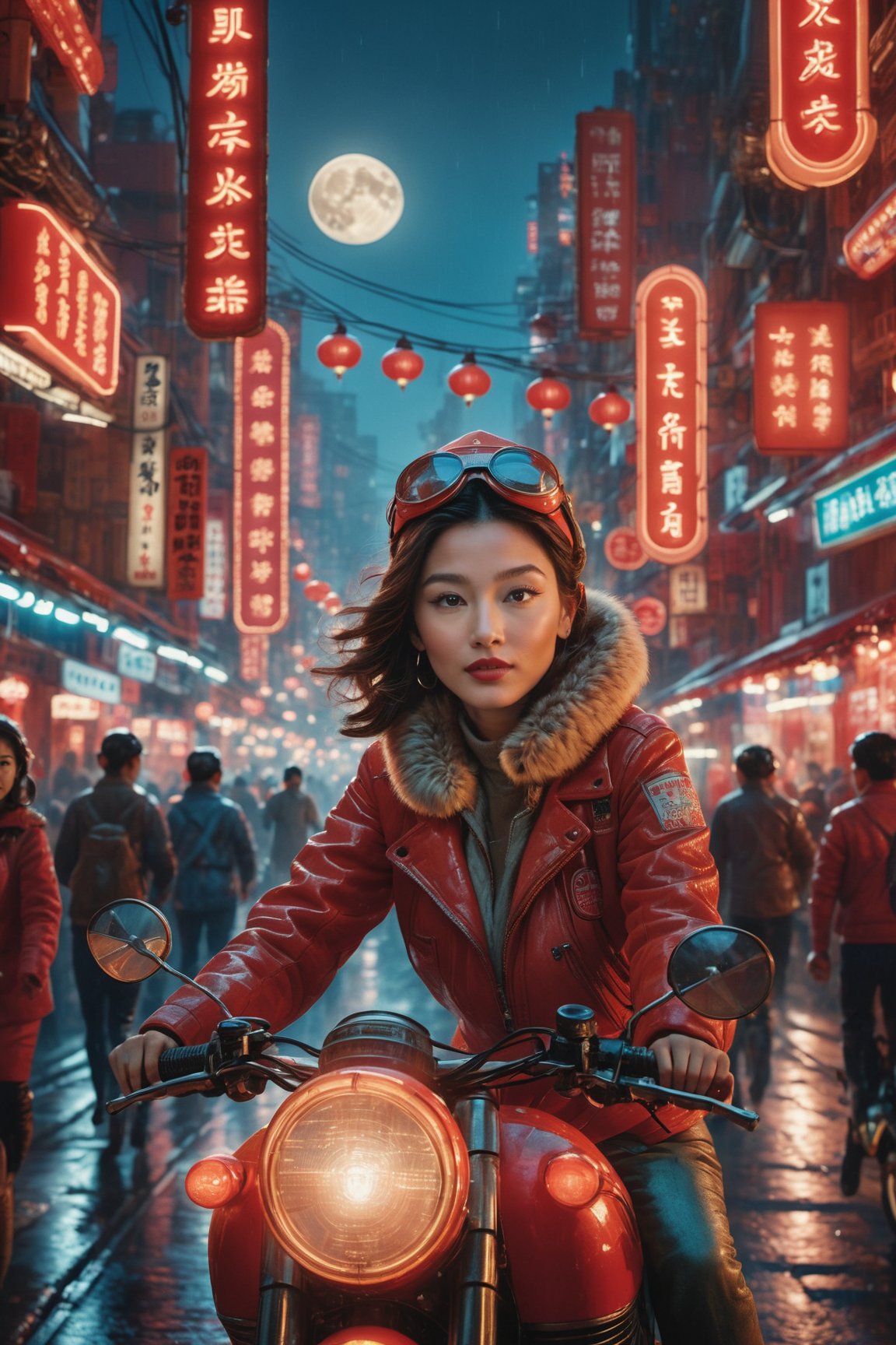 A young woman riding a motorcycle through a bustling urban street at night. The backdrop is illuminated by neon signs, with various Asian characters, possibly indicating shops or businesses. The woman is dressed in a red jacket, wearing goggles on her head, and has a fur-lined collar. The street appears wet, reflecting the lights, and there's a prominent full moon in the sky. The ambiance is a mix of modernity and vintage, with a blend of traditional and contemporary elements.