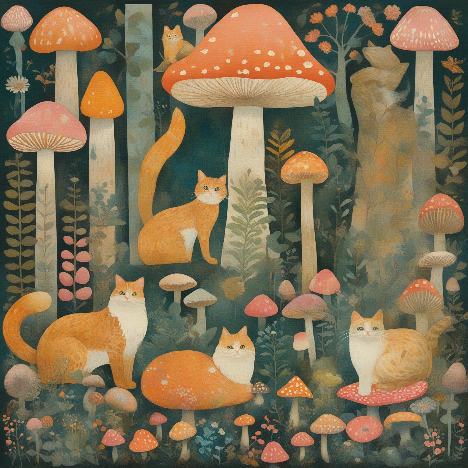 A whimsical forest scene with four cats of varying colors and designs. They are surrounded by a myriad of objects, including mushrooms, flowers, trees, and other flora. The cats are positioned in different areas, with one sitting on a mushroom, another standing amidst the flowers, and the other two resting on the forest floor. The color palette is vibrant, with shades of orange, pink, white, and green dominating the scene. The overall ambiance is playful and magical.