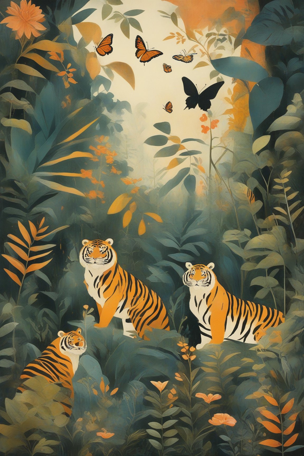 A vibrant and colorful jungle scene. Dominating the scene are three tigers, each with distinct patterns and colors. One tiger is orange with black spots, another is a mix of orange and white, and the third is a pale orange with black stripes. Surrounding the tigers are various tropical plants, trees, and flora. There are also small creatures like a sloth hanging from a tree and a butterfly fluttering around. The overall ambiance of the image is playful and whimsical, with a harmonious blend of nature and animals