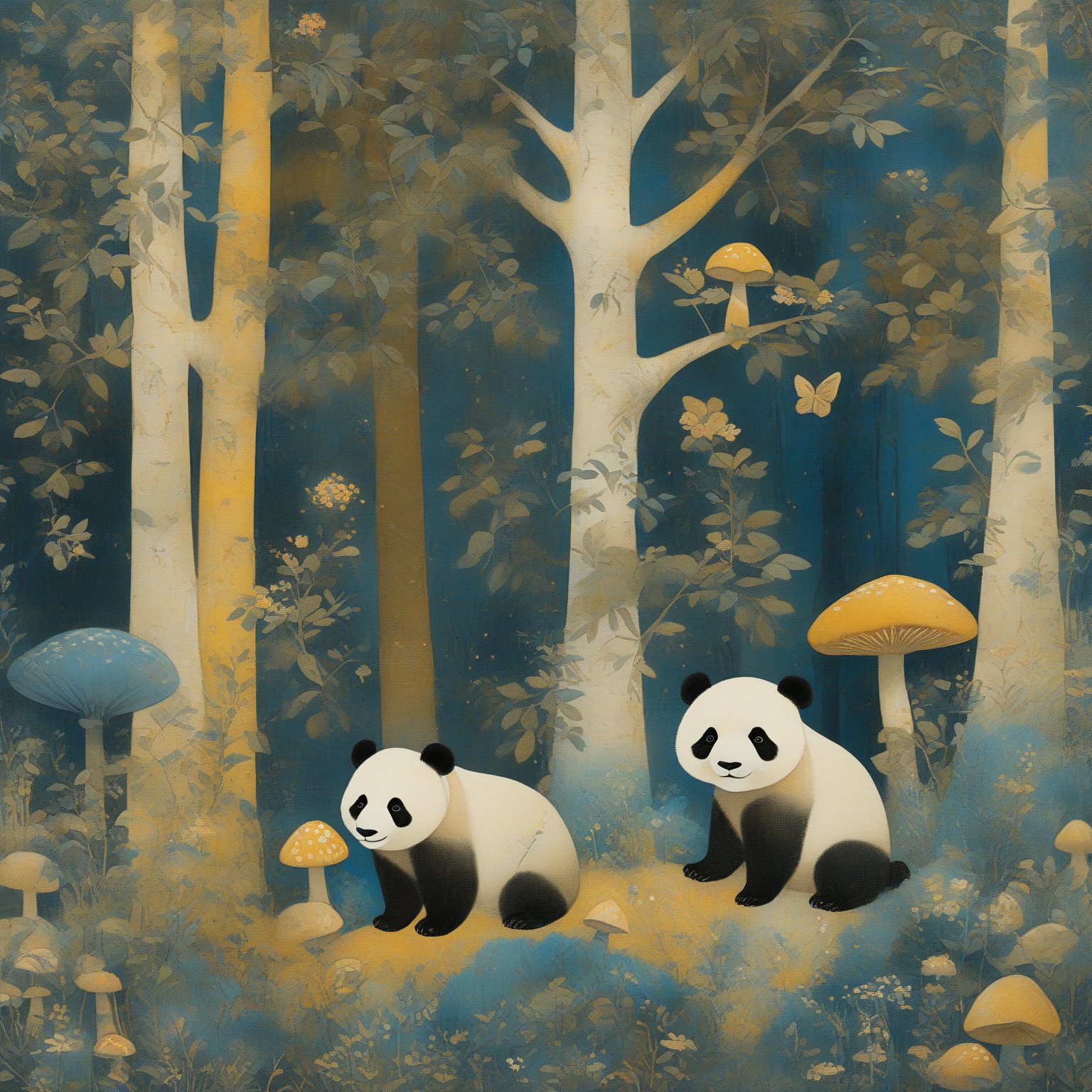 A whimsical forest scene dominated by pandas. There are three pandas in total, with one sitting on the ground, one standing, and one peeking from a tree. The forest is filled with various elements like trees, mushrooms, flowers, and small creatures. The color palette is predominantly soft, with shades of blue, yellow, and beige. The overall ambiance is playful and serene, evoking a sense of calm and wonder.