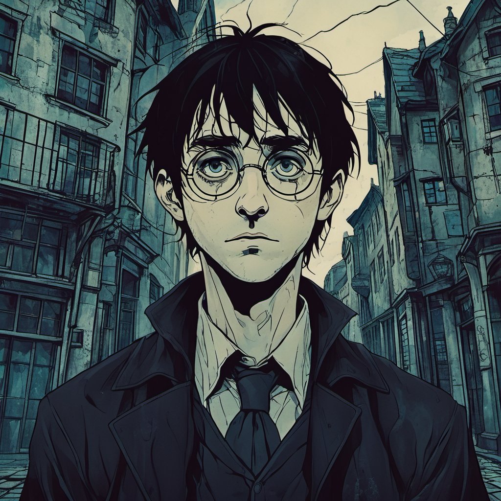 dark anime, portrait of Harry Potter in Diagon Alley