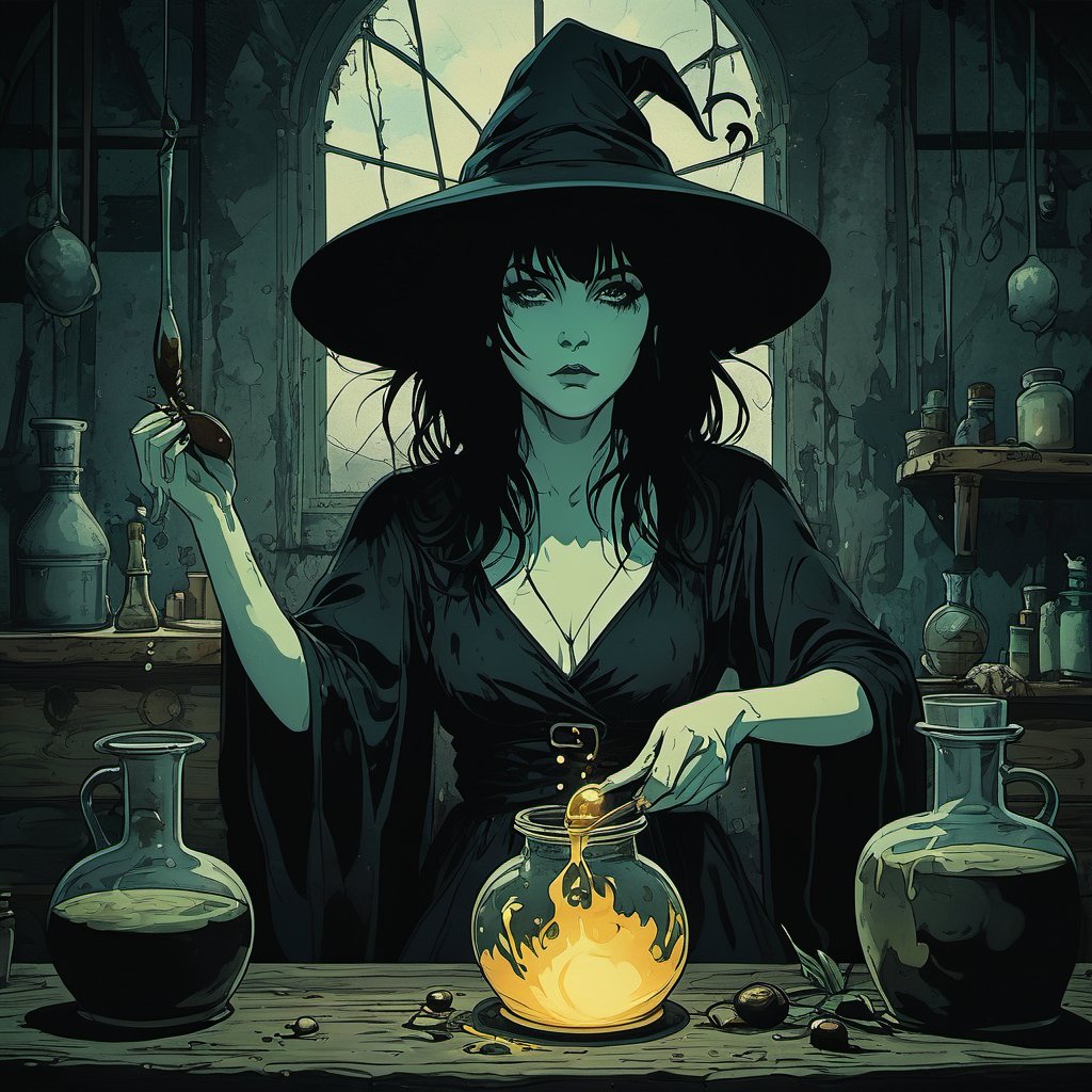 impactful paint of a witch making a potion, highly detailed,   8k,   sharp,  professional, clear,   high contrast, high saturated, , vivid deep blacks, crystal clear