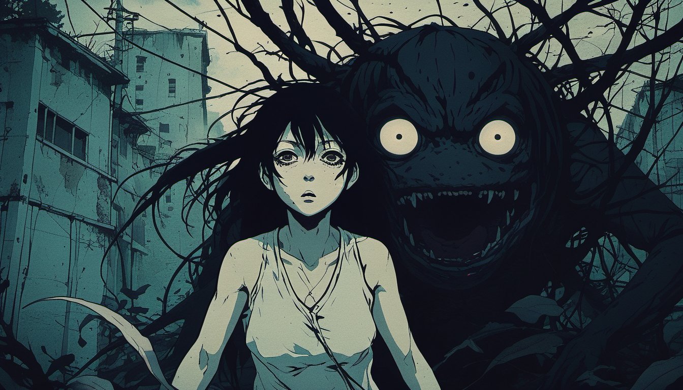 dark manga of  a woman running away of a monster   