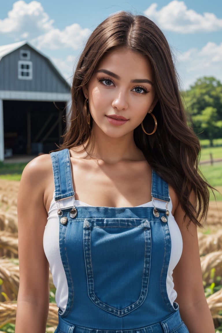 (best quality, 4k, 8k, highres, masterpiece:1.2), ultra-detailed, closeup portrait, professional photo, front lit natural lighting, upper body, facing viewer, beautiful thin woman wearing denim overalls, standing straight up outside on a farm, vivid colors,
