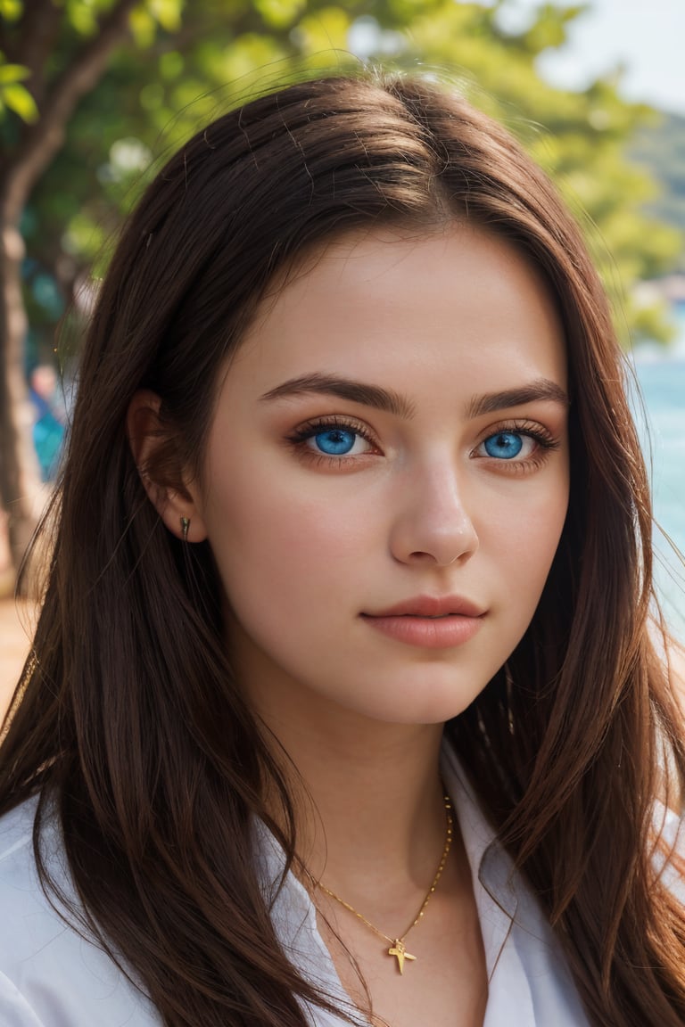 (best quality, 4k, 8k, highres, masterpiece:1.2), ultra-detailed, A photorealistic portrait of a 22-year-old  danish woman with long, luxurious brunette hair and captivating blue eyes. Her expression should be natural and inviting, illuminated by the soft, warm light of the golden hour. The setting for this portrait should be a picturesque outdoor scene, such as a sun-kissed park or beach. Capture this image with a high-resolution photograph using an 85mm lens to achieve a flattering and engaging perspective