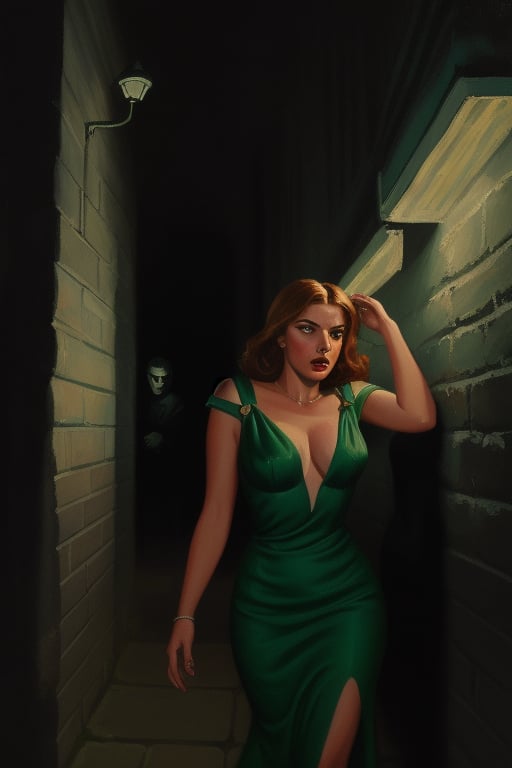 pulp painting style 1girl, in dark alley, green dress, scared, chased by man , dramatic lighting