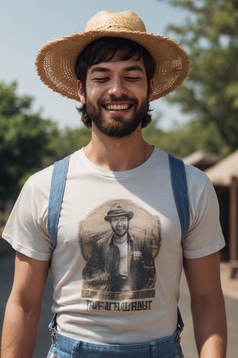 (best quality,4k,8k,highres,masterpiece:1.2),ultra-detailed,(realistic,photorealistic,photo-realistic:1.37), solo, looking at viewer, smile, shirt, black hair, 1boy, hat, closed eyes, white shirt, upper body, short sleeves, male focus, outdoors, teeth, day, grin, blurry, blurry background, facial hair, t-shirt, beard, realistic, straw hat, overalls