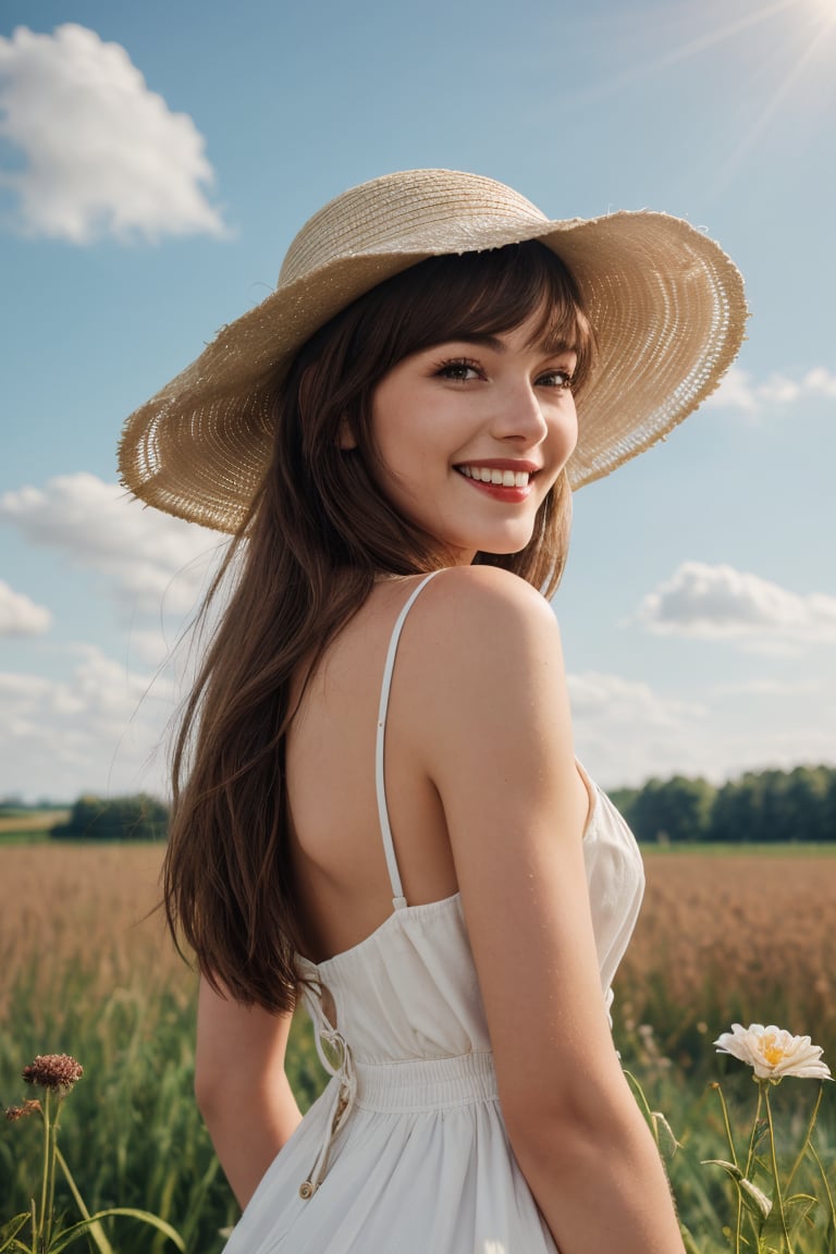(best quality, 4k, 8k, highres, masterpiece:1.2), ultra-detailed, photorealistic, photography, 1girl, cute smile, solo, long hair, brown hair, hat, dress, upper body, flower, outdoors, sky, day, white dress, lips, sun hat, realistic, field