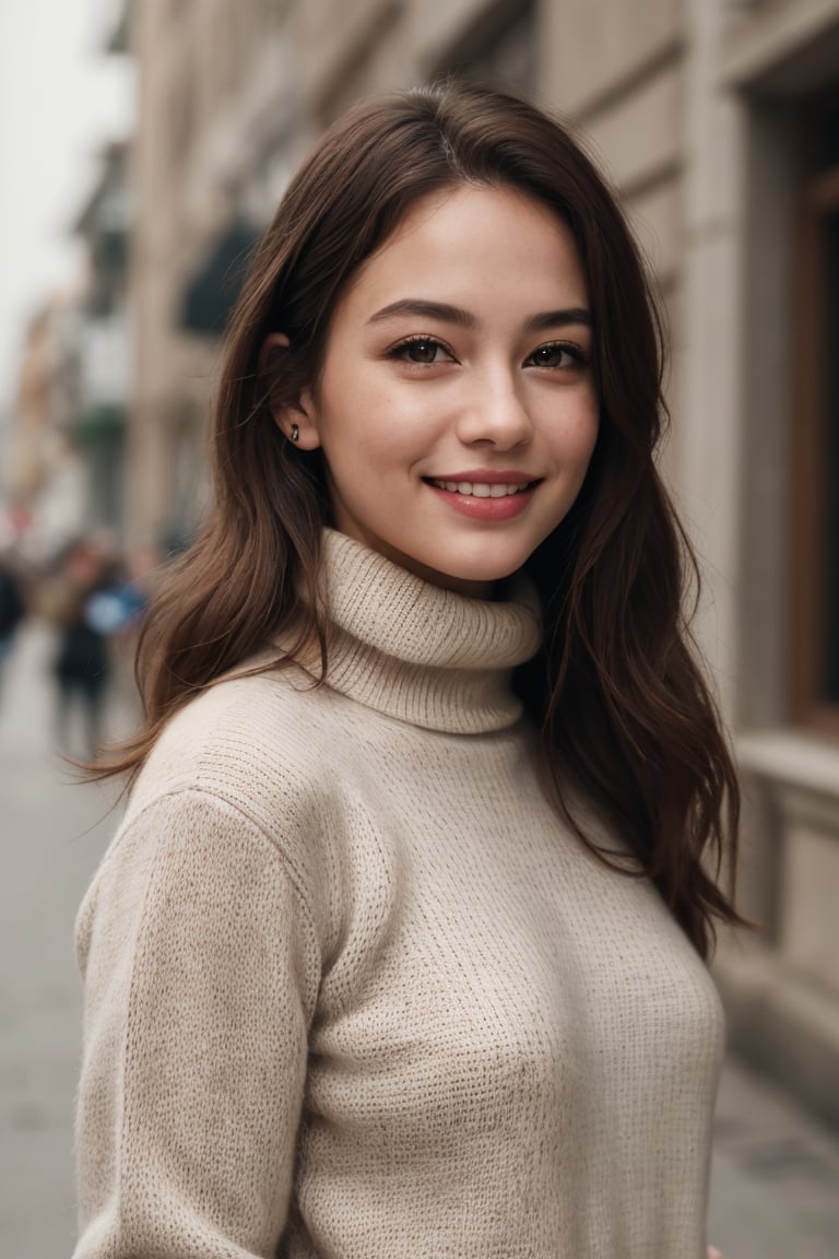 (best quality, 4k, 8k, highres, masterpiece:1.2), ultra-detailed, photorealistic, photography, 1girl, cute smile, solo, long hair, looking at viewer, brown hair, brown eyes, closed mouth, upper body, outdoors, blurry, sweater, lips, coat, depth of field, blurry background, turtleneck, turtleneck sweater, realistic
