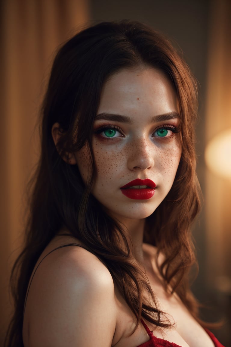 (best quality, 4k, 8k, highres, masterpiece:1.2), ultra-detailed, photorealistic, photography, 1girl, solo, long hair, green eyes, upper body, red hair, blurry, lips, makeup, freckles, realistic, red lips