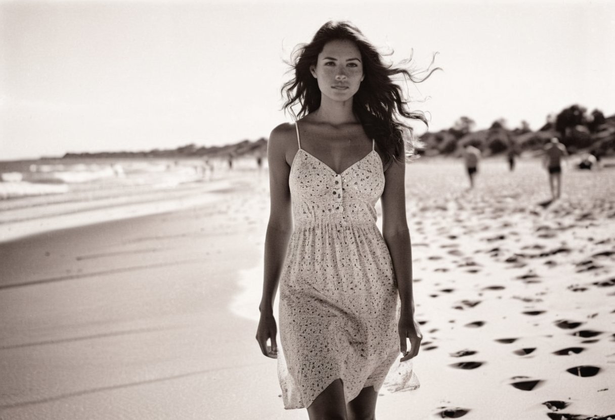 lith_argenta_bromBN1W, instagram photo, full B & W photo of 26 y.o american woman walking on a beach, summerdress , perfect detailed eyes, natural skin, hard shadows, film grain