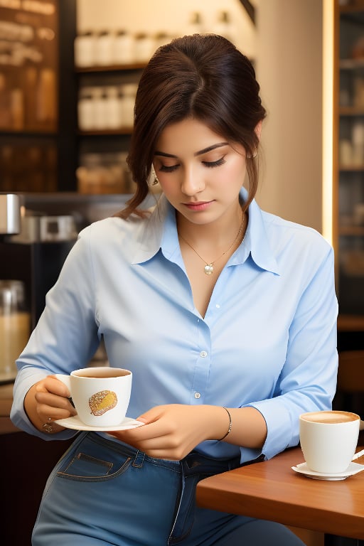 look like ((preity zinta: Yasmeen :0.5
)),photorealistic,Indian wearing shirt, at coffee shop with coffee cup 