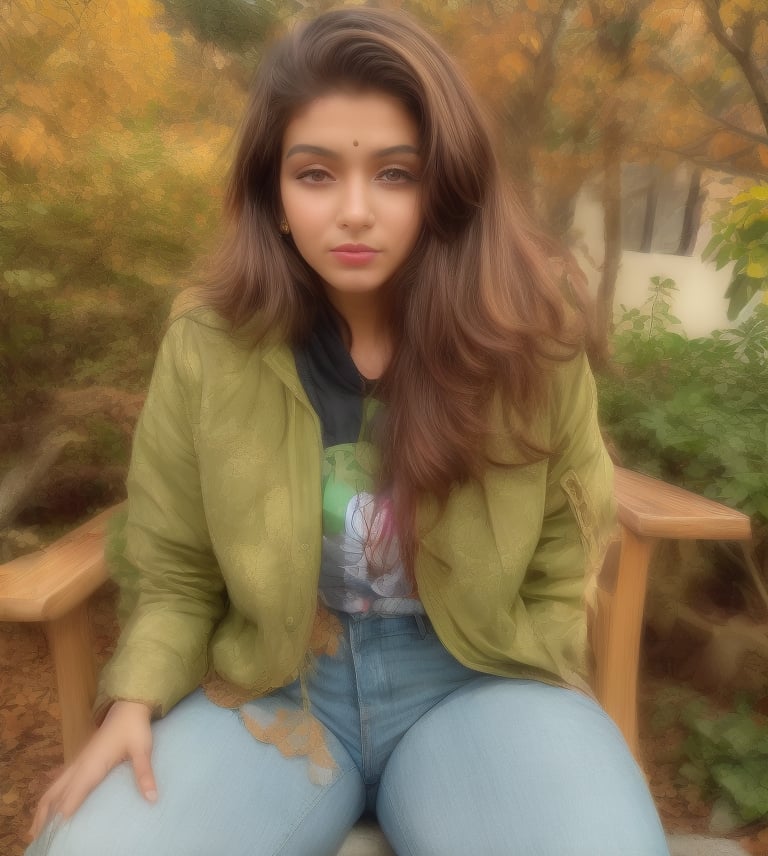 The image features a woman standing amidst a vibrant display of autumn foliage. She is dressed in a bright green jacket, sitting on chair in wooden hotel, Her hair is styled in loose waves that fall over her shoulders. A black belt cinches her jacket at the waist, adding a touch of elegance to her outfit.
,photorealistic:1.3, best quality, masterpiece,MikieHara,Indian 