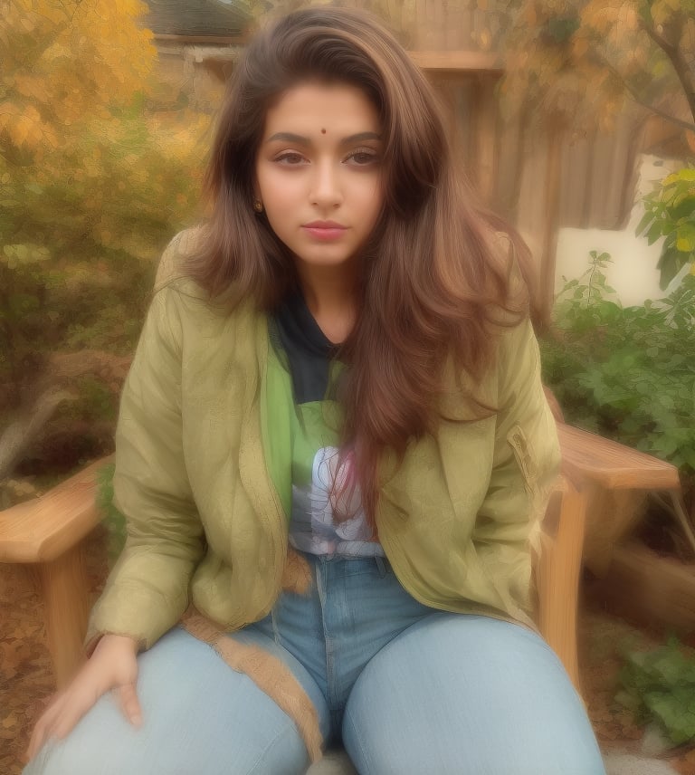 The image features a woman standing amidst a vibrant display of autumn foliage. She is dressed in a bright green jacket, sitting on chair in wooden hotel, Her hair is styled in loose waves that fall over her shoulders. A black belt cinches her jacket at the waist, adding a touch of elegance to her outfit.clear image
,photorealistic:1.3, best quality, masterpiece,MikieHara,Indian 