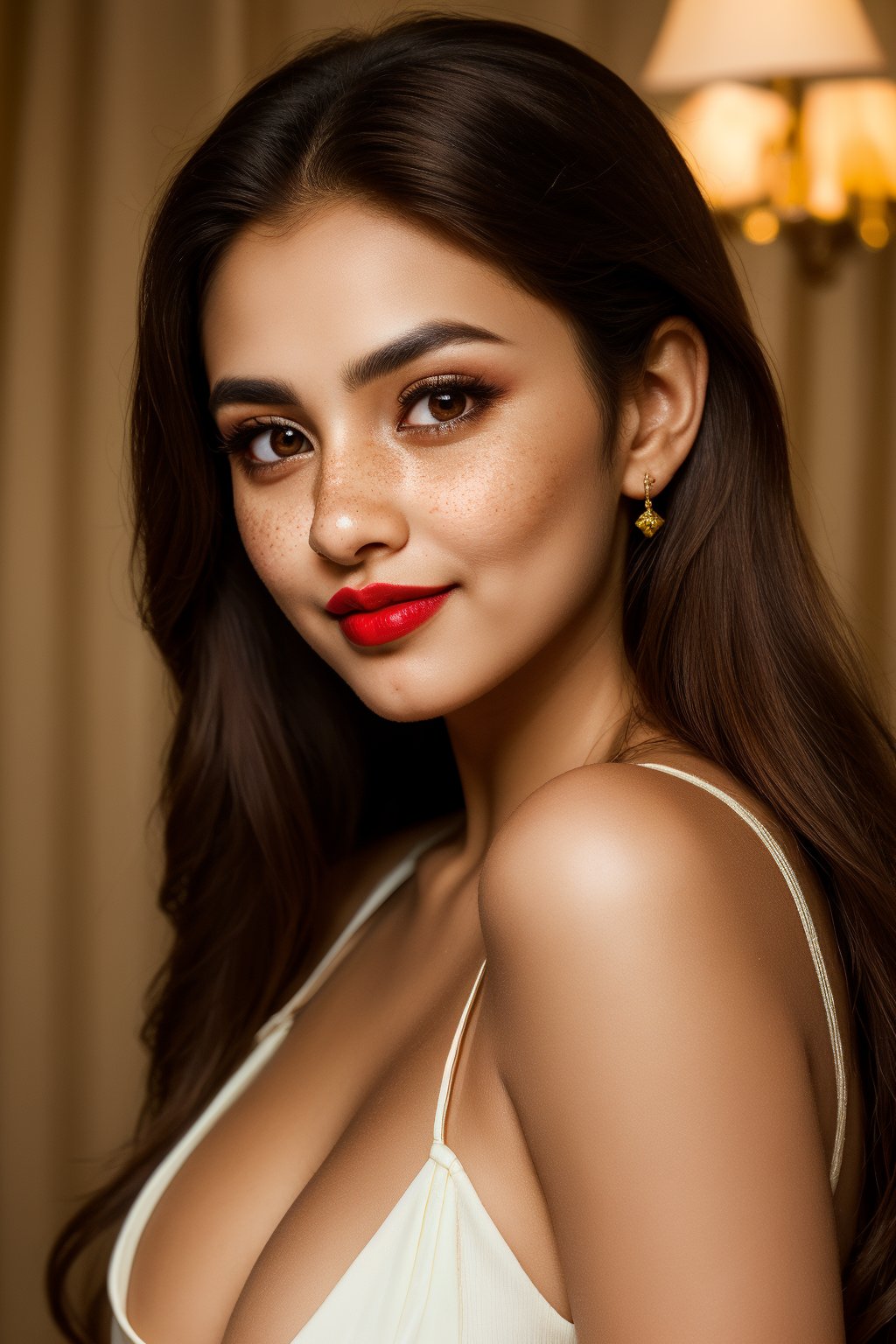 hyper-realistic 8k, young beautiful pakistani girl, detailed eyes, sensual eyes, brown colored eyes, light freckles on face, red nose, dimples on the cheek, sexy lips, parted lips, dark red lipstick, long hair, short dress, smirk, pakistani origin girl, cute face, perfect face symmetry