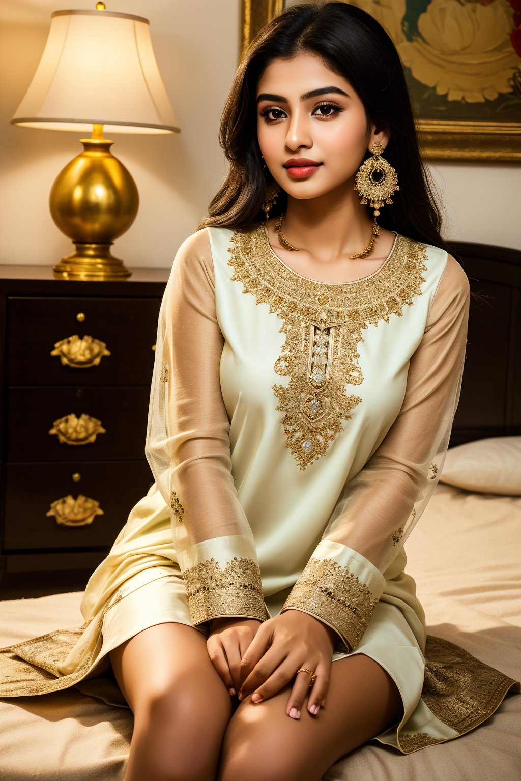 beautiful cute young attractive girl indian, teenage girl, village girl,18 year old,cute, instagram model,long black hair . Envision a Pakistani girl in a beautiful white shalwar kameez, seated elegantly on a bed, her chest subtly emphasized, exuding confidence and grace, adorned with exquisite jewelry including dangling earrings, Paperwork, intricate paper cutting with layered textures and delicate patterns, --ar 16:9 --v 5
