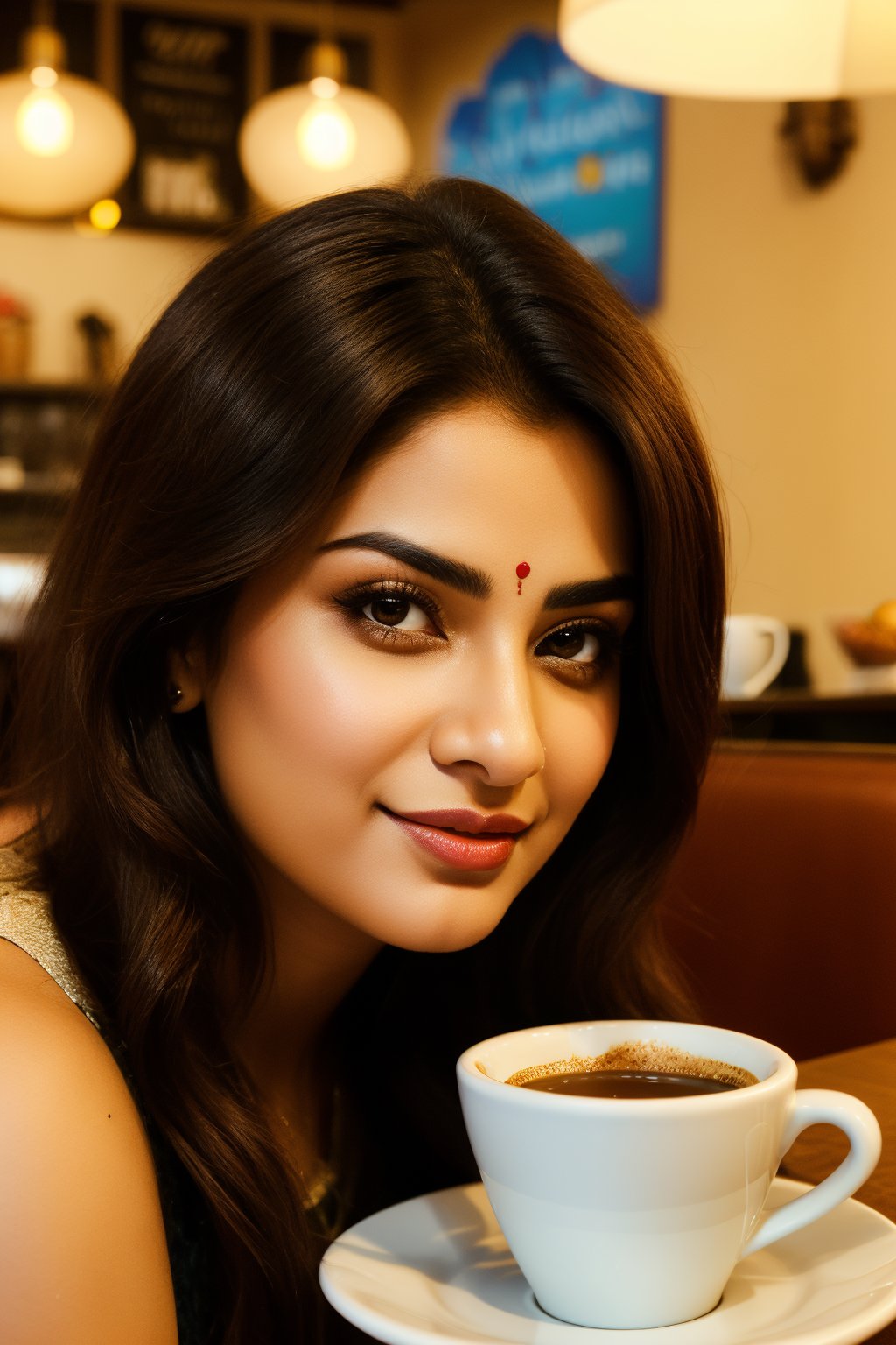 look like ((preity zinta: Yasmeen :0.5 )),photorealistic,Indian, in coffee shop,Mahi