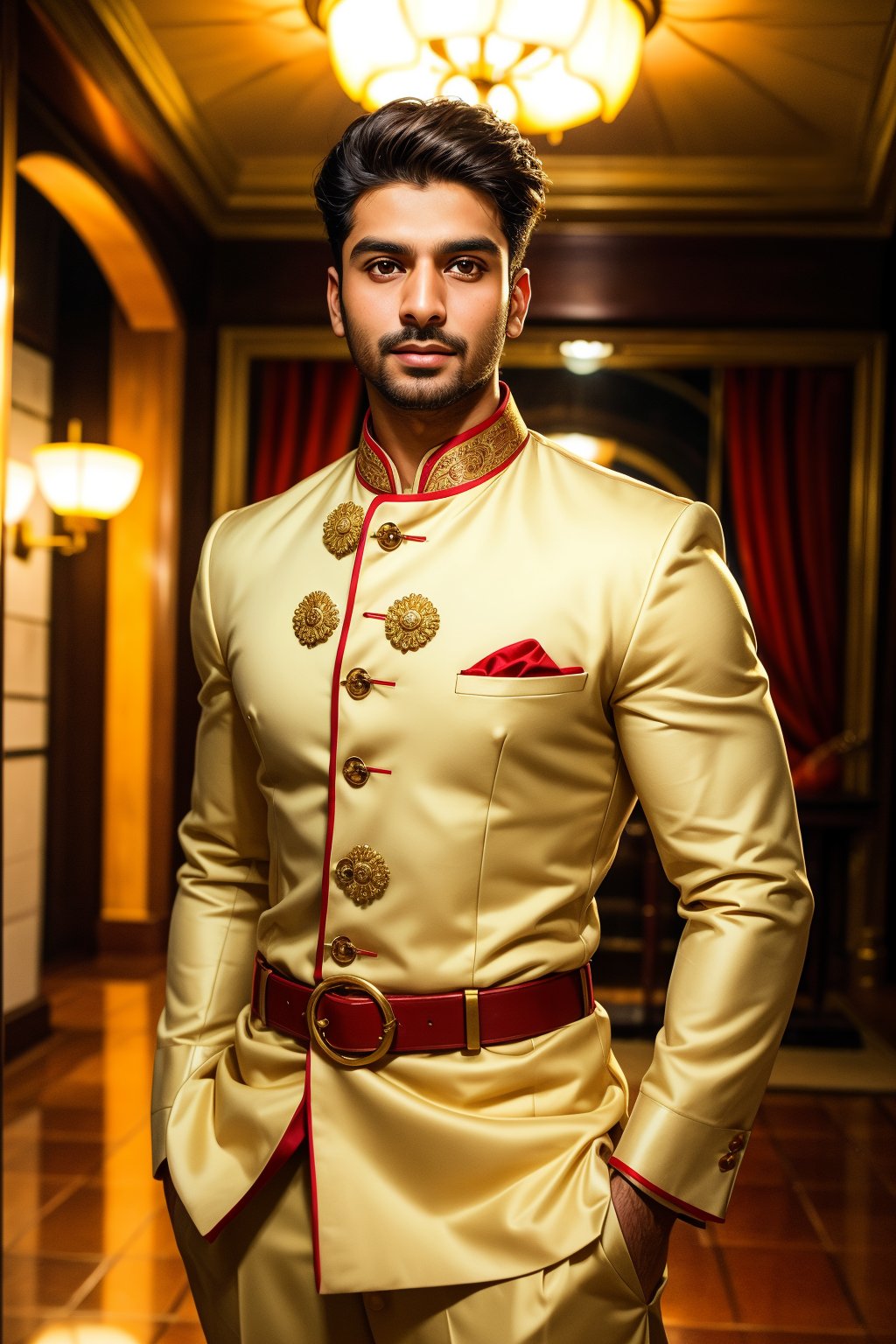 Create a digital artwork of a man inspired by the photography style of Indian actors. The image should capture the essence of classic Bollywood glamour, with the subject exuding confidence and charisma. The man should be dressed in traditional Indian attire, such as a kurta or sherwani, and posed in a way that highlights his strong features and poised demeanor. The background should be elegant and complement the subject, perhaps with subtle hints of Indian architecture or cultural motifs. Pay attention to lighting and composition to evoke the polished and sophisticated feel of professional actor photography.