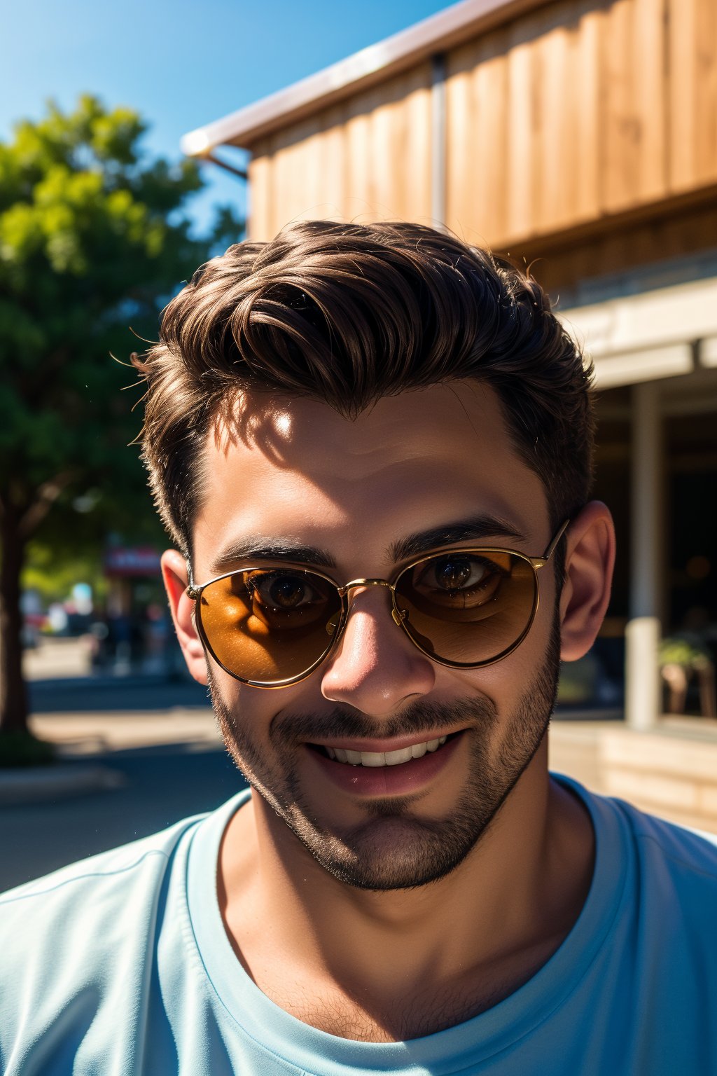 (best quality,8K,highres,masterpiece), ultra-detailed, (photo-realistic, lifelike) close-up portrait of a man with a warm smile, stylish sunglasses, and a relaxed outdoor ambiance. The cinematic lighting adds depth and character to this outdoor photo-realistic masterpiece.,Man 