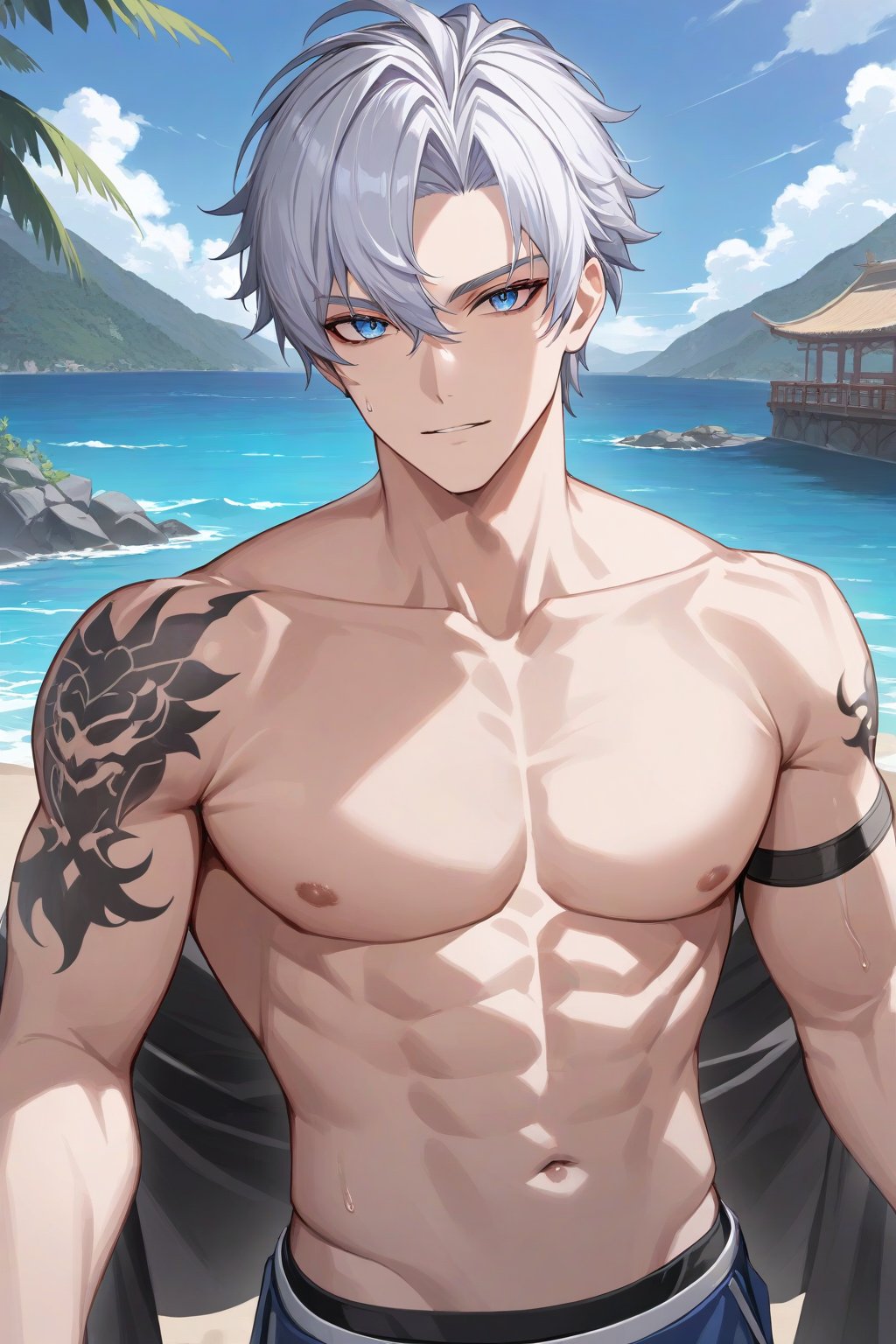 masterpiece, best quality, very aesthetic, absurdres, ((1boy, male only, male focus, mature male)), pov, lass, white hair, blue eyes, medium hair, hair between eyes, bangs, tattoo on left arm, collarbone, navel, outdoors,