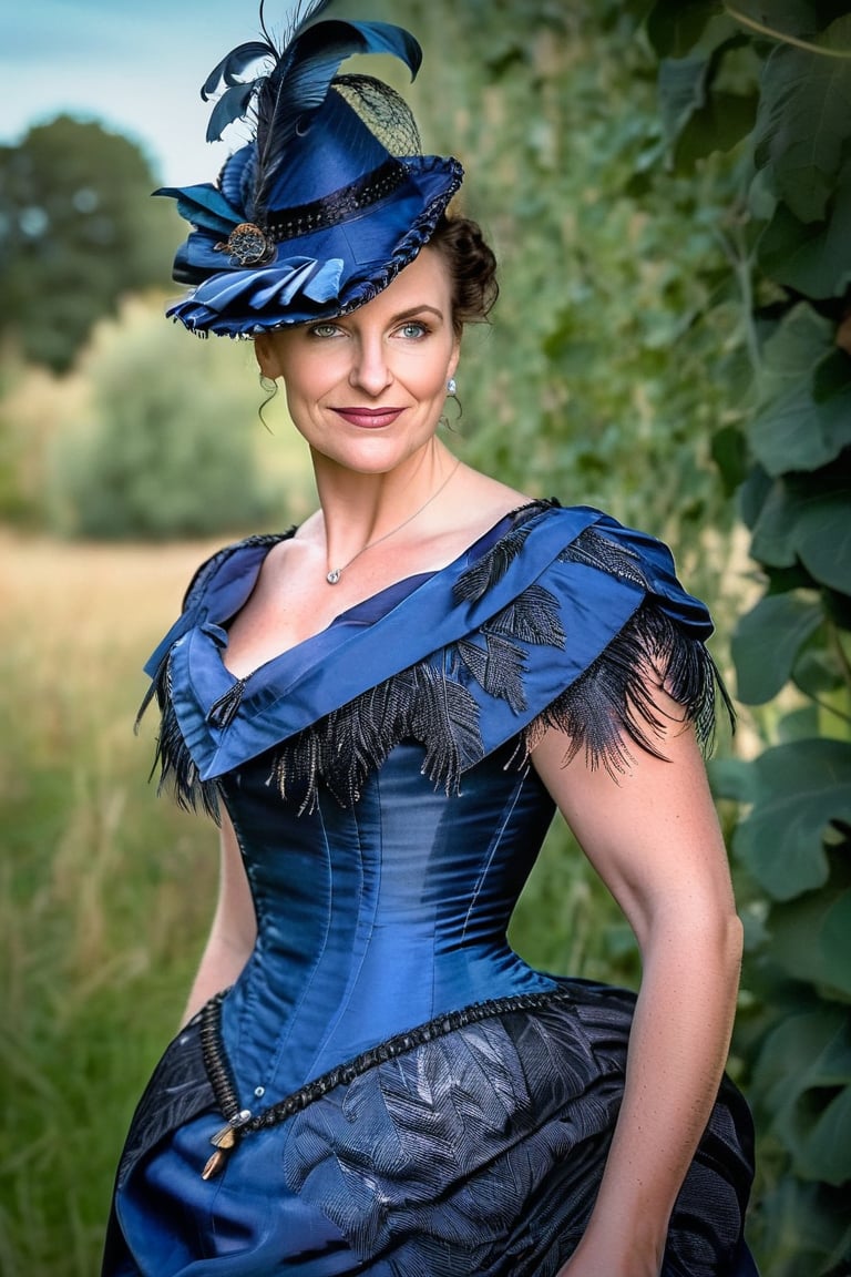 digital photo,  distant shot, beautiful woman, 45, dark hair, in updo, small hat with feather,  wearing wearing blue silk victorian bustle dress turning towards camera, evening light, slight smile, morning light, fine skin detail with pores and blemishes,bustle dress