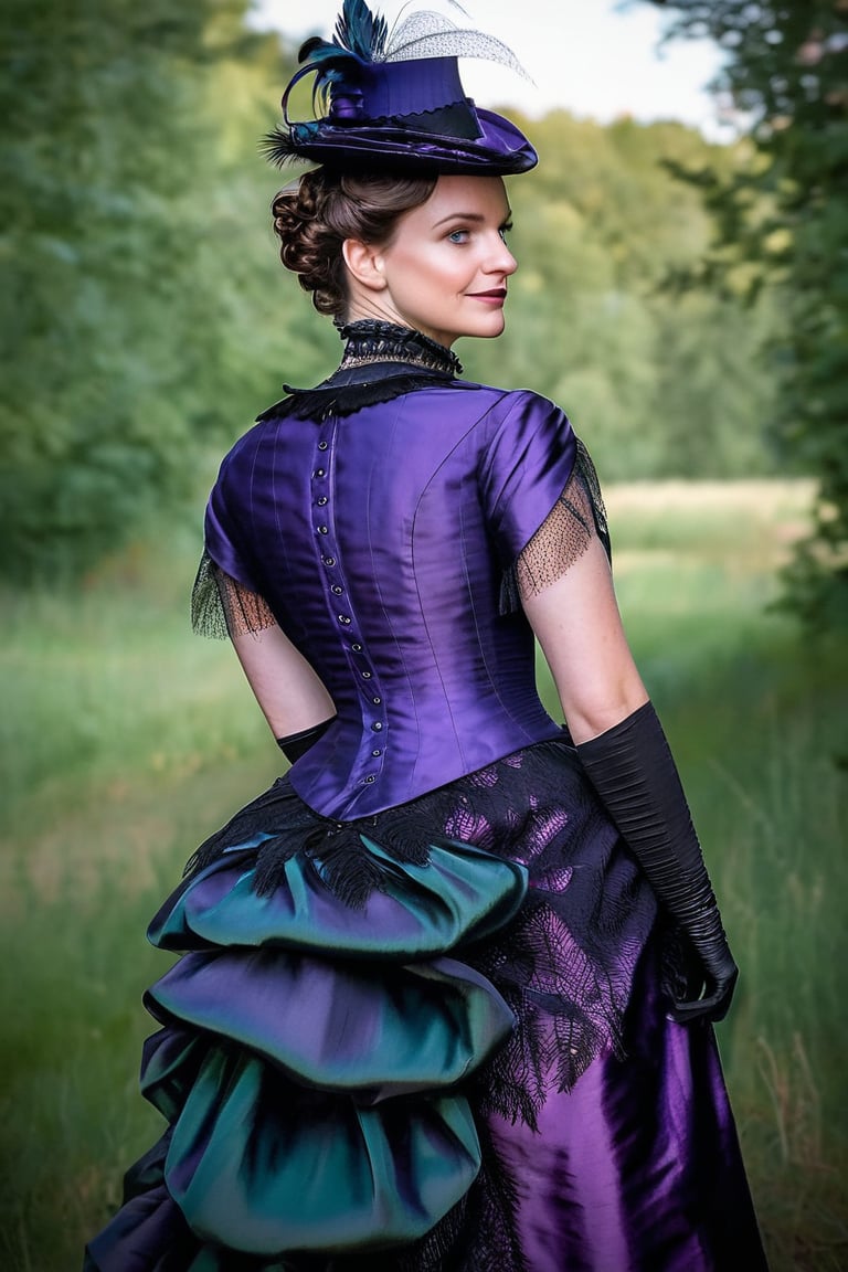 digital photo,  distant shot, beautiful woman, 25, dark hair, in updo, small hat with feather,  wearing wearing purple and black silk victorian bustle dress turning towards camera, evening light, slight smile, morning light, fine skin detail with pores and blemishes,bustle dress