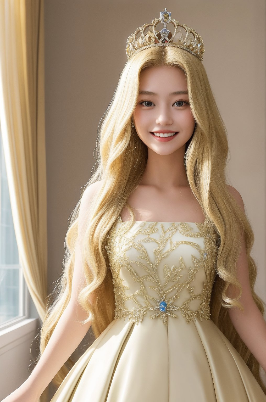 (masterpiece), 1girl, long hair, blond hair, (smile:0.5), dress, ,Girl ,Queen 