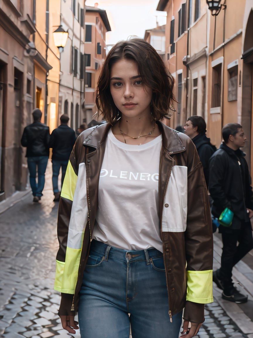An ultra detailed photo of a 22 years old brunette girl, with wet mid-short loose hair, brown eyes, natural beauty, calm expression, warm skin tone, strong body, wearing a white tight t-shirt, with a jacket, in a large street in Rome, no jewelry, no makeup, dramatic illumination, 4k.
