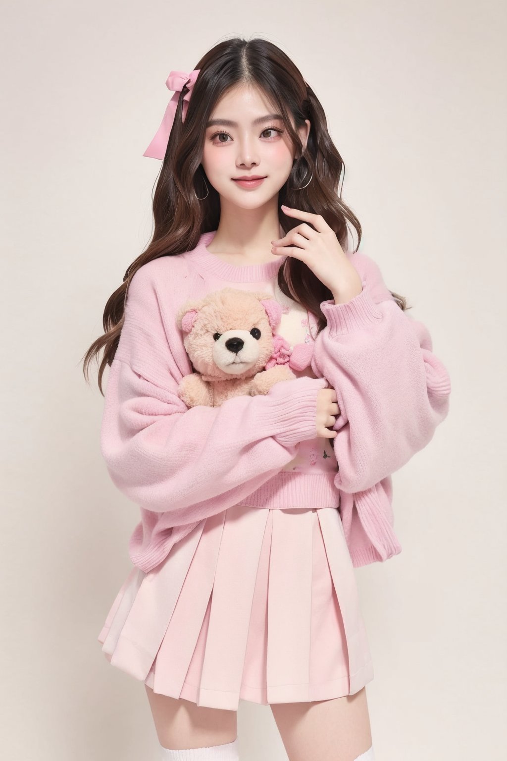 Portrait of baibai, pink oversize sweater, skirt y2k style, teddy bear , adorable pose, smile, color background 