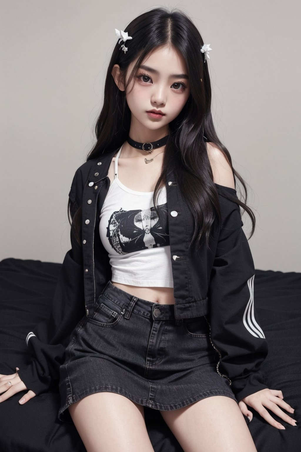 Portrait of thai girl , black shirt with denim jacket gothic style , skirt y2k style, sitting pose, adorable pose, bedroom background, dynamic angle shot