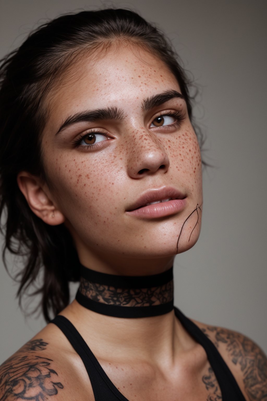 photo, rule of thirds, dramatic lighting, medium hair, detailed face, detailed nose, woman wearing tank top, freckles, collar or choker, smirk, tattoo, intricate background
,realism,realistic,raw,analog,woman,portrait,photorealistic,analog,realism,Indian 