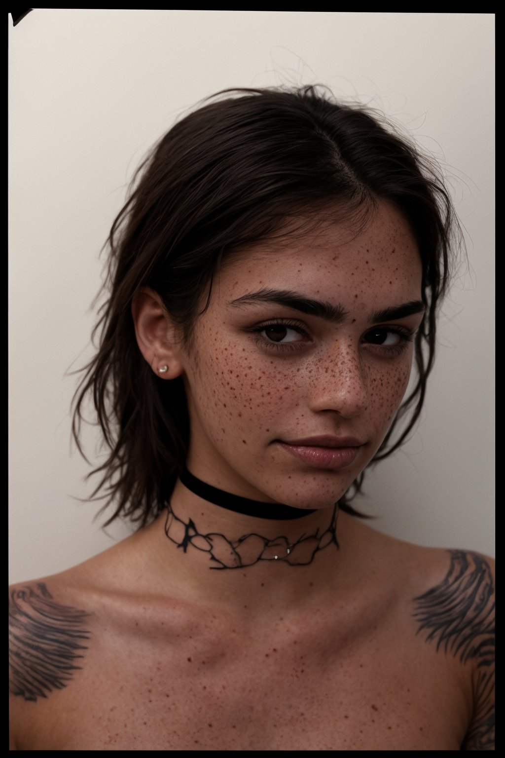photo, rule of thirds, dramatic lighting, medium hair, detailed face, detailed nose, woman wearing tank top, freckles, collar or choker, smirk, tattoo, intricate background
,realism,realistic,raw,analog,woman,portrait,photorealistic,analog,realism,Indian 