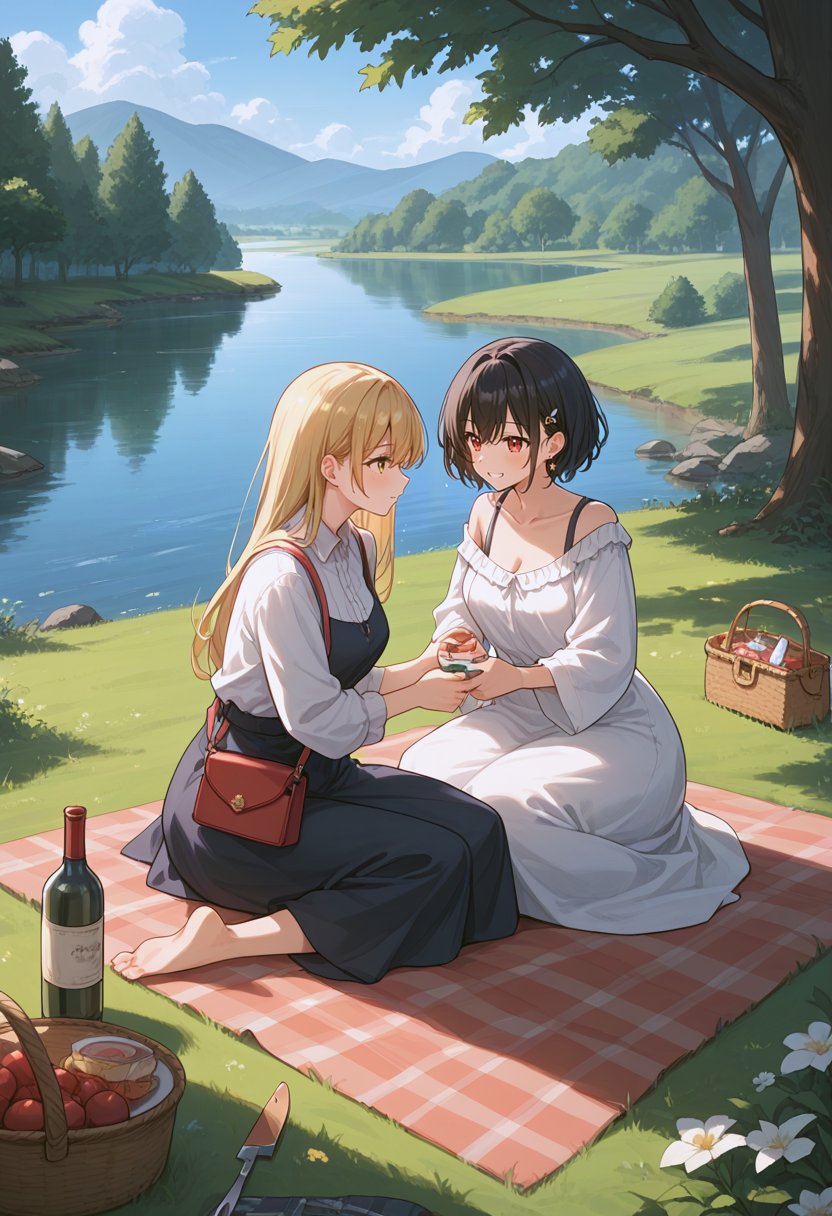 core_9, score_8_up, score_7_up, score_6_up, score_5_up, source_anime, 
there are two women sitting by a river, enjoying a picnic. One woman is sitting on a blanket, while the other is standing nearby. They are surrounded by various items, including a wine bottle, a cup, a fork, a knife, and a handbag. There is also a chair placed close to the women.

The scene appears to be a peaceful and relaxing moment, with the women taking a break from their daily activities to appreciate the beauty of the river and the company of each other.