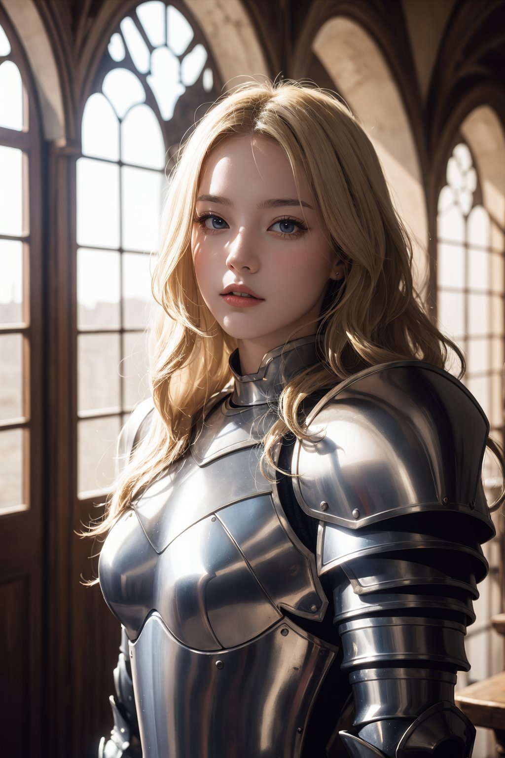 masterpiece, best quality, 1girl, knight, armor, blonde, long wavy hair, big window, castle, upper body