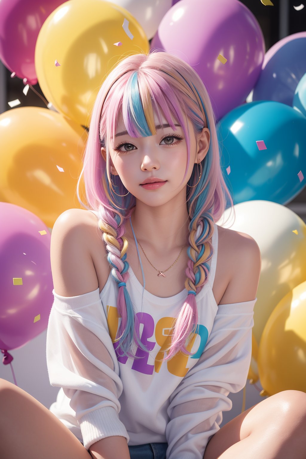 masterpiece, best quality, incredibly absurdres, 1girl, multiple colorful balloon, sitting, happy, closed mouth, casual outfit, very long hair, multi colored hair, confetti, upper body, bangs