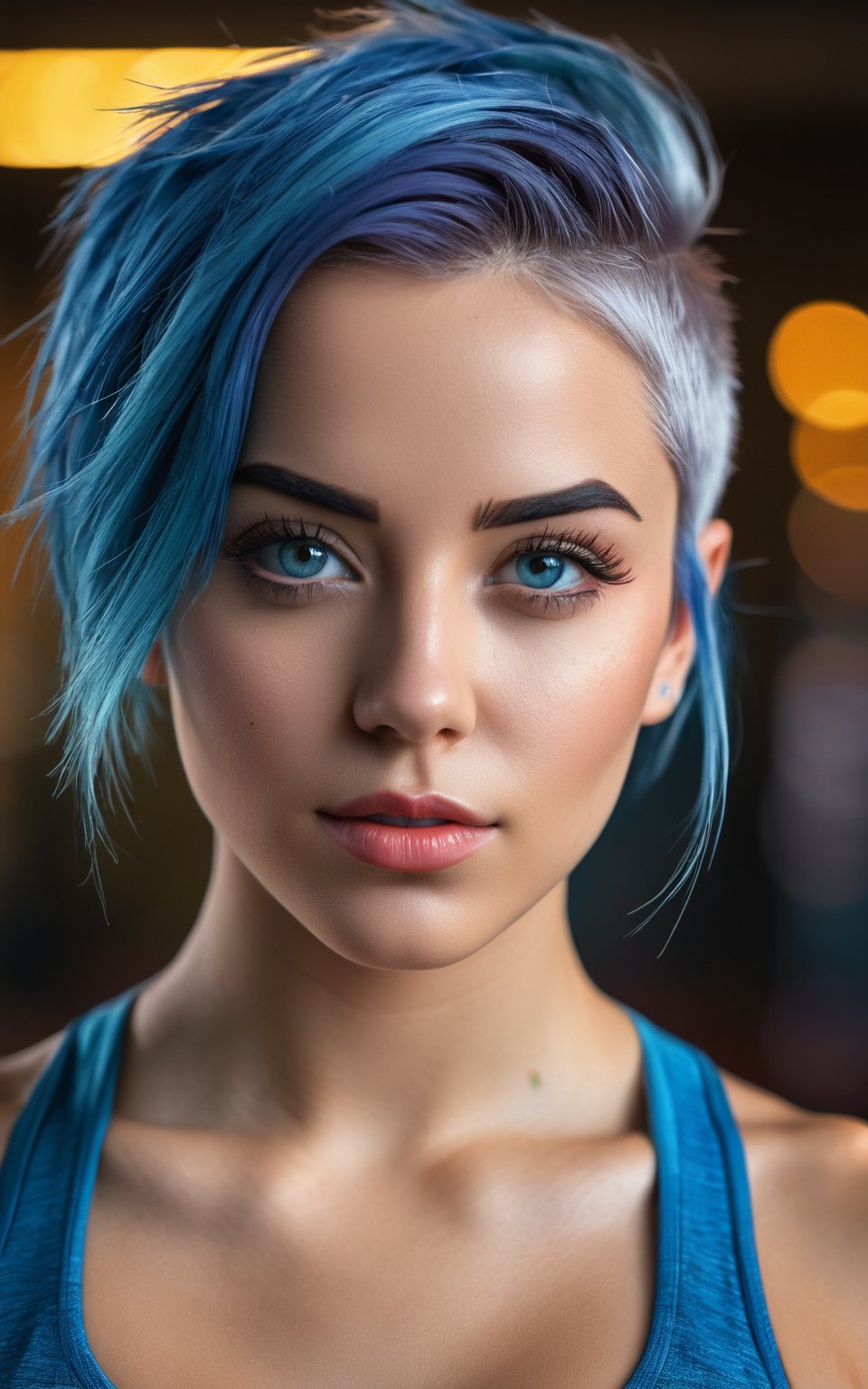 (best quality, 4k, 8k, highres, masterpiece:1.2), ultra-detailed, woman,blue hair,gym clothes,(best quality,highres:1.2),(vivid colors,colorful:1.1),(bokeh), (portraits),(studio lighting),(ultra-fine painting),(sharp focus),(extremely detailed eyes and face), (detailed lips),(beautiful detailed eyes),(long eyelashes), portrait