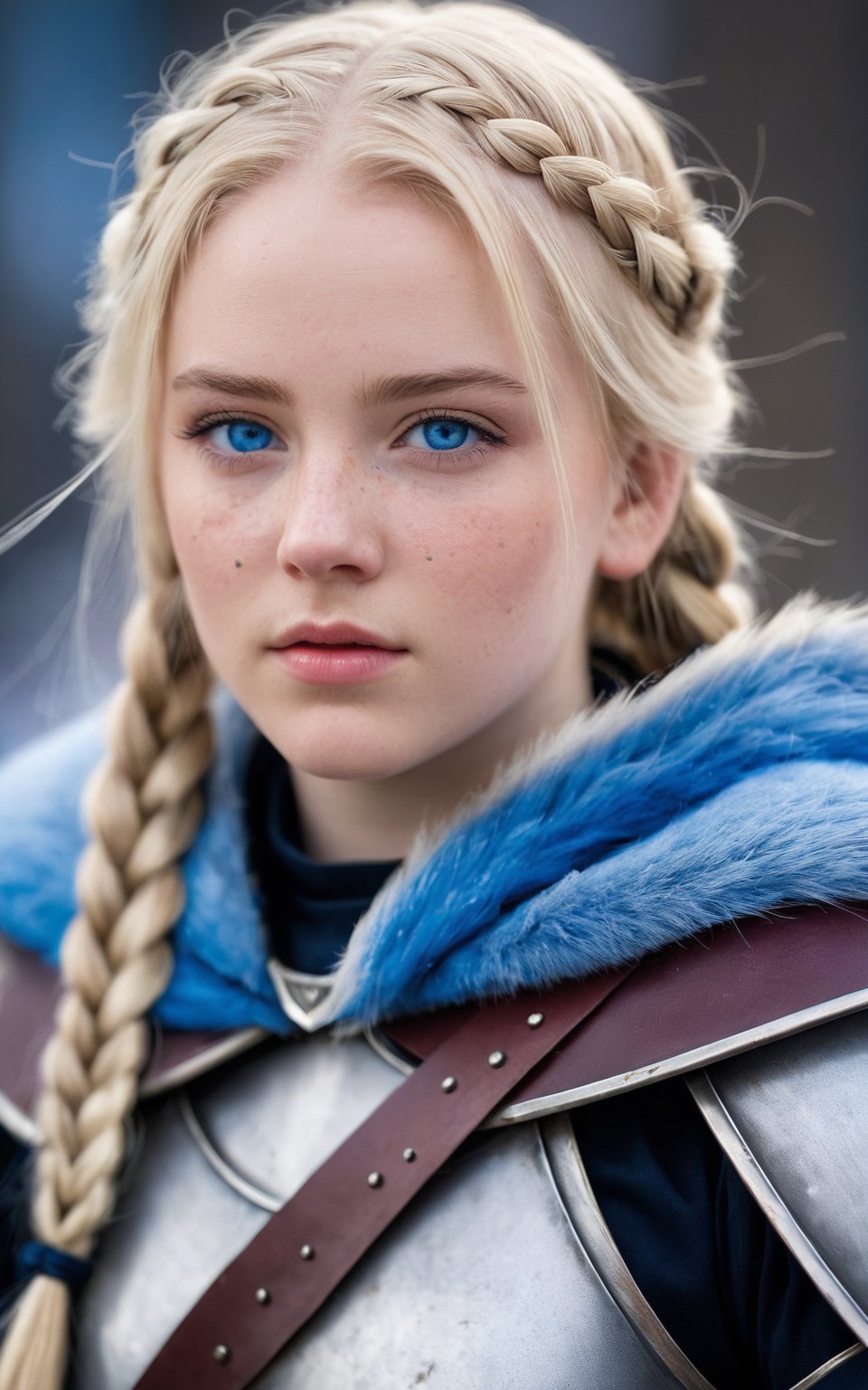 score_9,score_8_up,score_7_up,1girl,long hair,looking at viewer,blue eyes,blonde hair,upper body,braid,cape,armor,mole,twin braids,lips,fur trim,blurry background,freckles