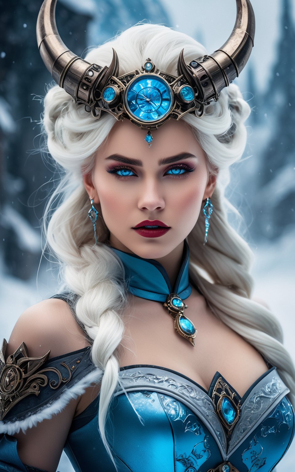 (best quality,8K,highres,masterpiece:1.5), an icy and vibrant depiction of Elsa in a steampunk-demon fusion, standing amidst an icy field. Her gaze is locked onto the viewer with an angry expression, embodying the fierce warrior spirit within her. Clad in intricate warrior armor adorned with icy blue and white lighting, Elsa exudes a commanding presence against the minimalist icy backdrop. The steampunk-demon fusion is evident in her horned headpiece and demonic-inspired elements integrated into her attire. Despite the minimalist detail, vibrant colors punctuate the scene, capturing the essence of her icy powers and fiery determination. This artwork, presented in a cowboy shot, portrays Elsa as a formidable and captivating figure, with earrings adding a subtle yet stylish touch to her appearance.
