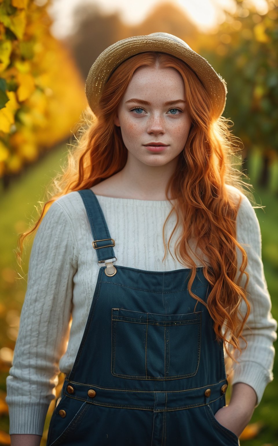 (best quality, 4k, 8k, highres, masterpiece:1.2), ultra-detailed, 1girl, portrait of a beautiful young Celtic farmer, wearing dungarees, off the shoulder, in autumn orchard, autumn, fall, fall leaves, sunset, golden hour, (ginger hair:1.3), (absurdly long hair:1.4), (thick hair:1.2),braids, straw hat, shiny hair, glossy hair, (freckles:1.3), beautiful green-eyes, atmospheric, ultra detailed, hyper realistic, (depth of field:1.3),Bokeh,Chiaroscuro Lighting Style