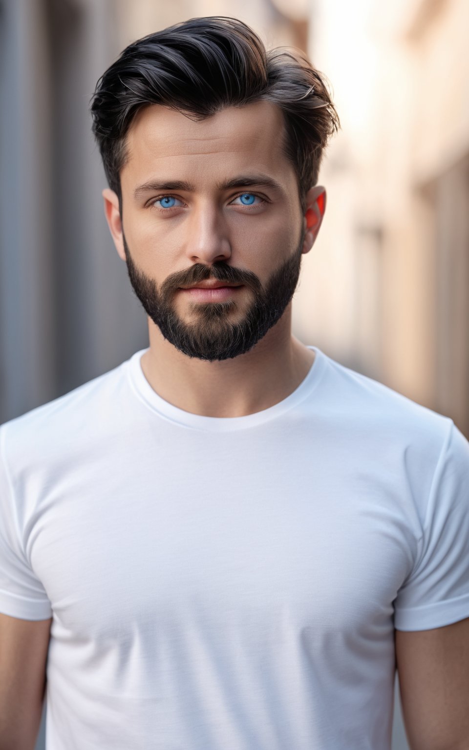 (best quality, 4k, 8k, highres, masterpiece:1.2), ultra-detailed,realistic,photorealistic,man, looking at viewer,short hair,blue eyes,shirt,black hair,white shirt,upper body,blurry background,t-shirt,beard,realistic,photo background