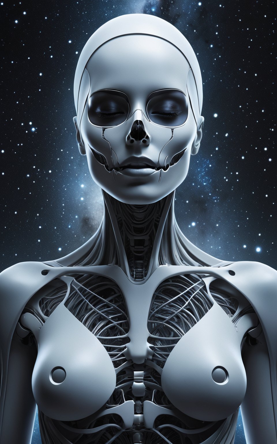 (best quality,8K,highres,masterpiece), ultra-detailed, featuring a woman with her face obscured by a grey square, set against a cosmic, star-filled background. The woman appears to be wearing or integrated with an intricate skeletal structure that is white and somewhat luminescent. The cosmic backdrop bathes the scene in a mesmerizing array of stars and galaxies, creating a sense of vastness and wonder. The obscured face adds an air of mystery and intrigue, inviting viewers to ponder the hidden depths of the character's identity. Meanwhile, the intricate skeletal structure adds a touch of ethereal beauty and symbolism, hinting at themes of mortality, transformation, and the interconnectedness of all things. This artwork is a captivating exploration of the human form amidst the cosmic expanse, blending elements of mystery, beauty, and cosmic wonder.