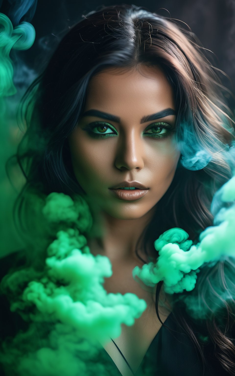 (best quality, 4k, 8k, highres, masterpiece:1.2), ultra-detailed, glamour portrait photo, macro, a captivating vibrant mysterious woman,  surrounded by smoke, ethereal, smoky backdrop. throwing a translucent black/translucent black/green fade, 100mm f/2.8 macro lens, atmospheric haze, Film grain, shallow depth of field, highly detailed, high budget, cinemascope, moody, epic, OverallDetail, candid camera, colour graded cinematic, eye catchlights, atmospheric lighting, imperfections, natural 