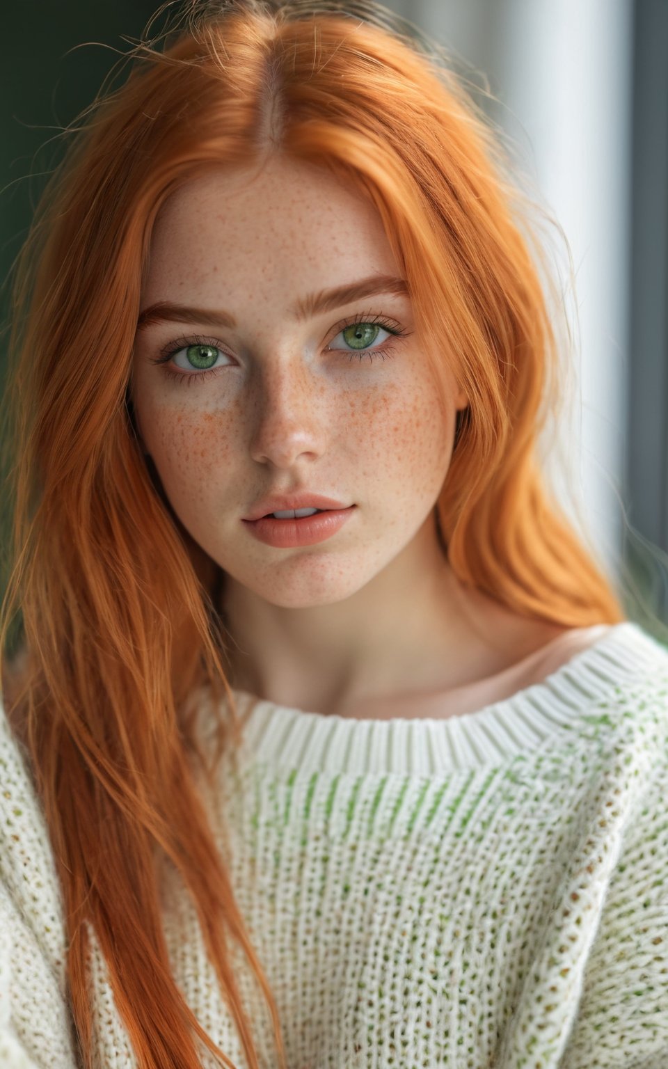 (best quality, 4k, 8k, highres, masterpiece:1.2), ultra-detailed, photorealistic, photography, 1girl, solo, long hair, looking at viewer, green eyes, orange hair, blurry, sweater, lips, eyelashes, blurry background, portrait, freckles, realistic, white sweater