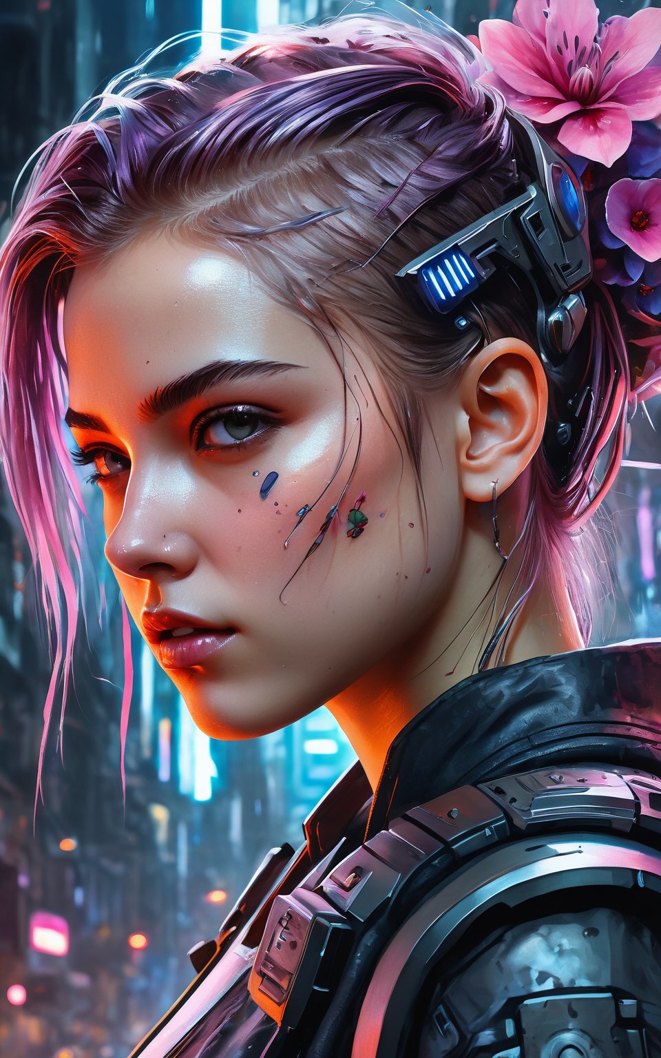 (best quality, 4k, 8k, highres, masterpiece:1.2), ultra-detailed, art,watercolor portrait of a 1girl, flowers, watercolor, incredibly highly detailed, (cyberpunk:1.2), super realistic, illustration, 3d render, poster, painting, exciting, epic composition