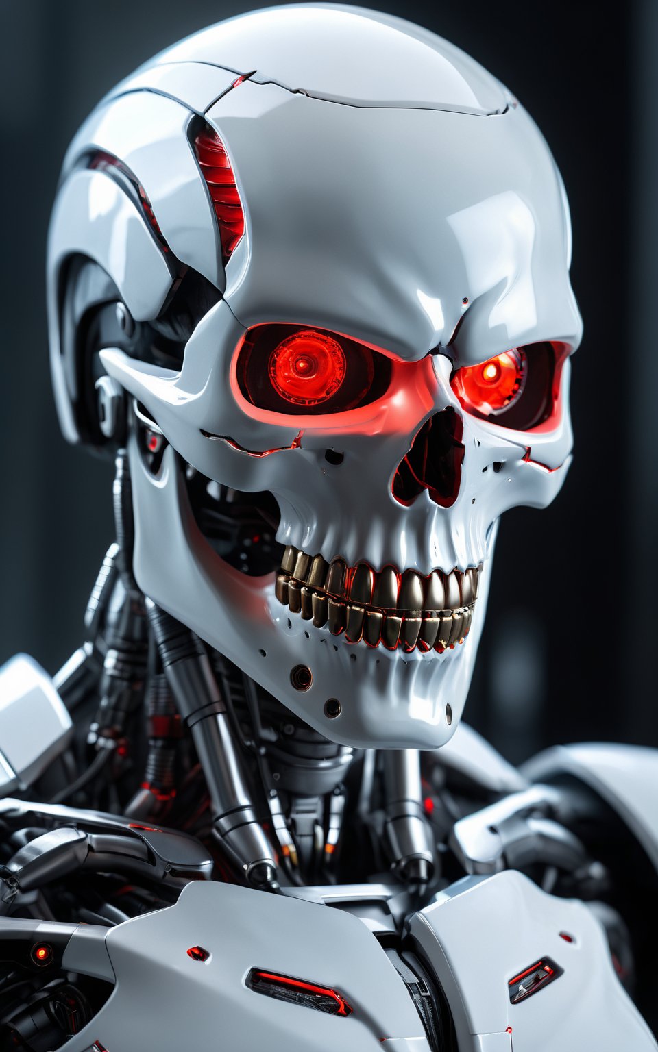 (best quality, 4k, 8k, highres, masterpiece:1.2), ultra-detailed, (realistic, photorealistic, photo-realistic:1.37), solo,looking at viewer,red eyes,upper body,glowing,glowing eyes,science fiction,skull,cyborg,mechanical parts