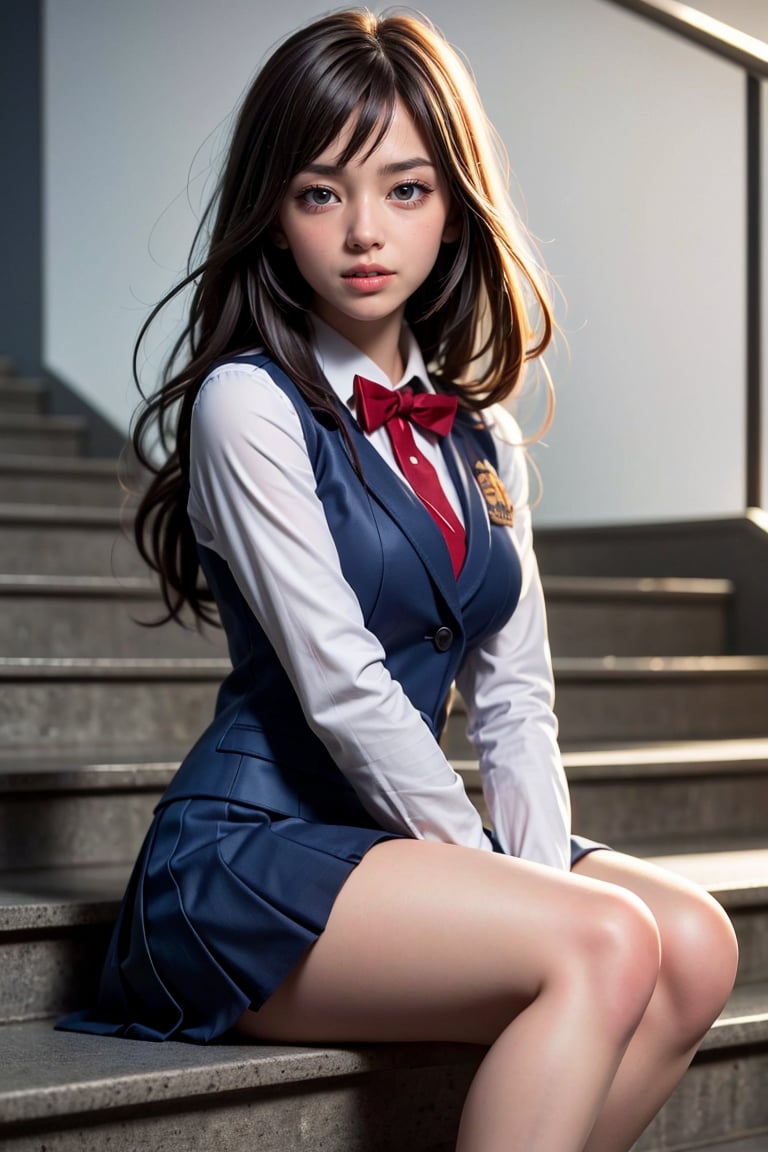 high school student,girl,school uniform,sitting on stair,Best Quality, 32k, photorealistic, ultra-detailed, finely detailed, high resolution, perfect dynamic composition, beautiful detailed eyes, sharp-focus, cowboy_shot, 