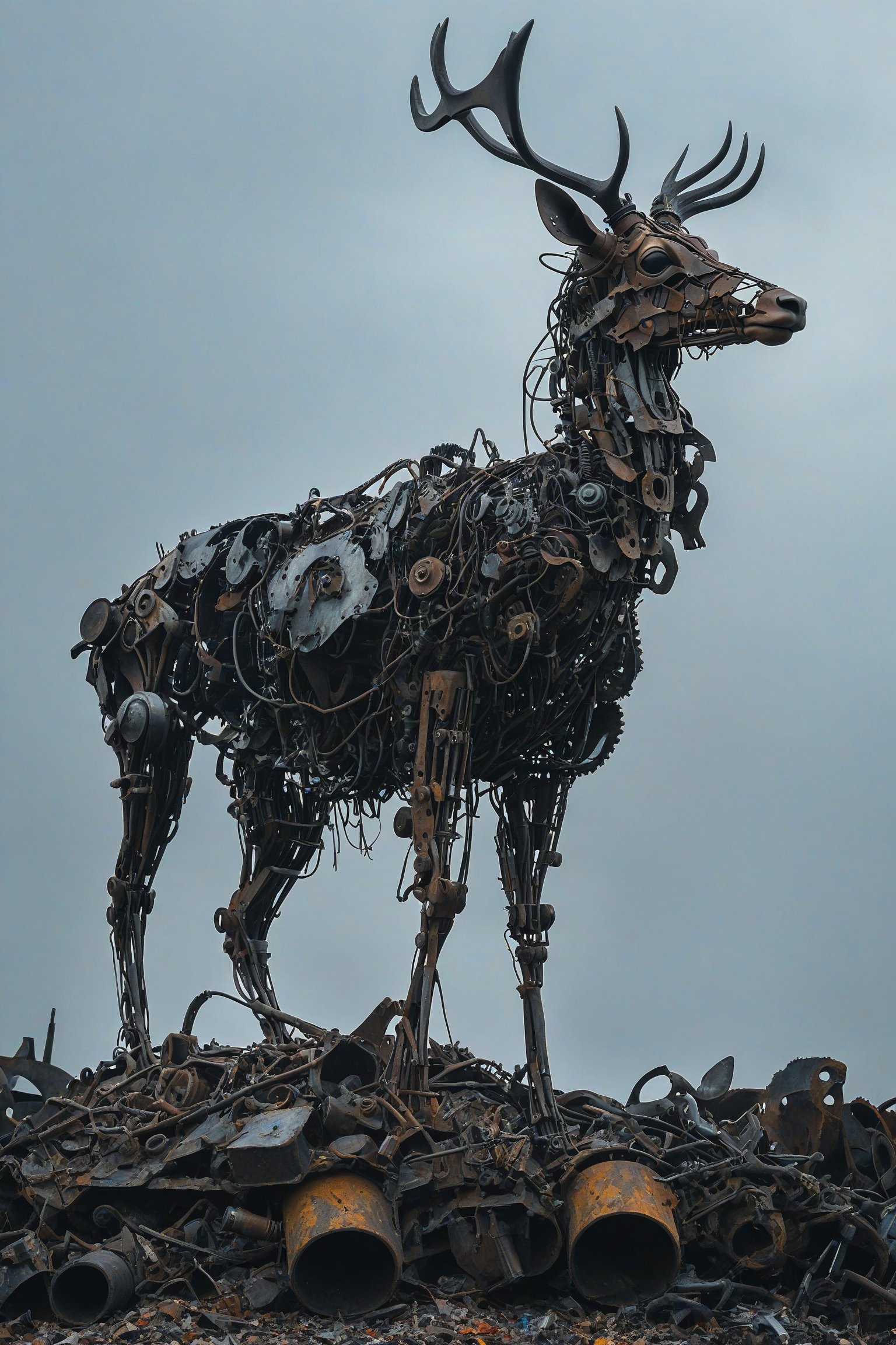 A towering, intricately constructed mechanical deer standing atop a mound of discarded metal and debris. The deer appears to be made of various metal parts, wires, and tools, giving it a skeletal and mechanical appearance. The background is overcast, adding a somber and post-apocalyptic feel to the scene.
