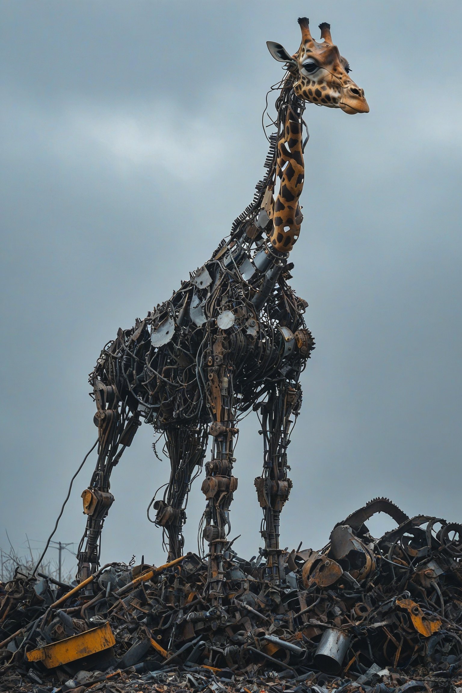 A towering, intricately constructed mechanical giraffe standing atop a mound of discarded metal and debris. The giraffe appears to be made of various metal parts, wires, and tools, giving it a skeletal and mechanical appearance. The background is overcast, adding a somber and post-apocalyptic feel to the scene.