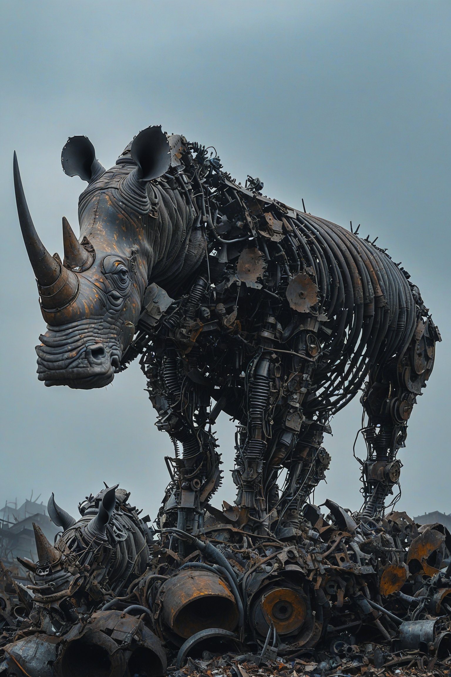 A towering, intricately constructed mechanical rhinoceros standing atop a mound of discarded metal and debris. The rhinoceros appears to be made of various metal parts, wires, and tools, giving it a skeletal and mechanical appearance. The background is overcast, adding a somber and post-apocalyptic feel to the scene.