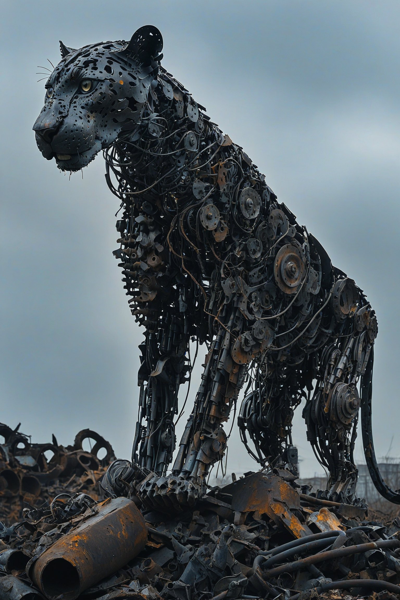 A towering, intricately constructed mechanical panther standing atop a mound of discarded metal and debris. The panther appears to be made of various metal parts, wires, and tools, giving it a skeletal and mechanical appearance. The background is overcast, adding a somber and post-apocalyptic feel to the scene.